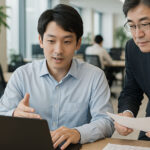 仕事場で業務指導を受ける男性