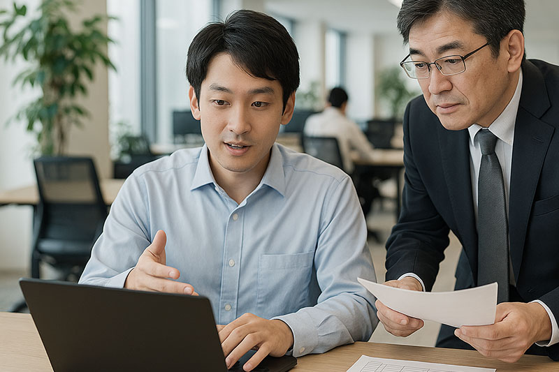仕事場で業務指導を受ける男性