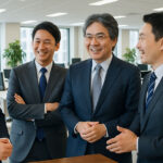 仕事の合間に雑談をしている男性スタッフたち