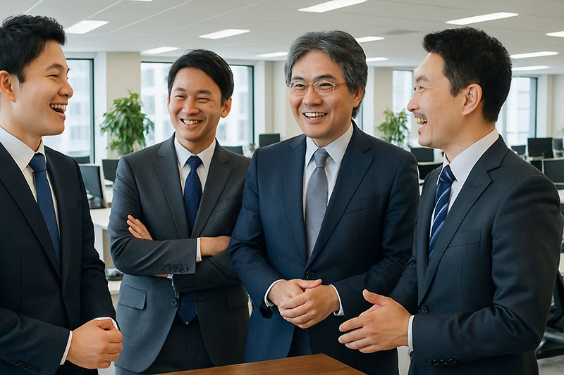 仕事の合間に雑談をしている男性スタッフたち