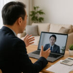 パソコンでオンライン面談を受ける男性